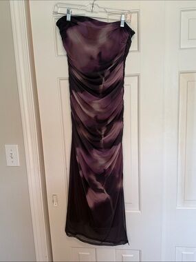 Open Edit Ruched Strapless Mesh Dress